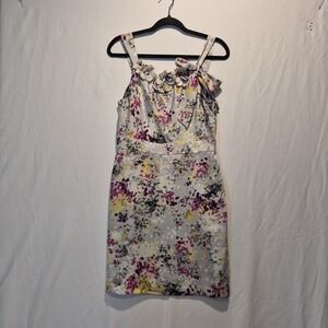 LOFT Sz 6 Gray Floral Print Sleeveless Bow Shoulder Sheath Whimisical Feminine